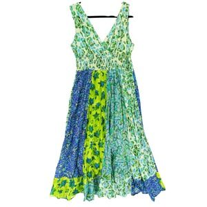 Hannah Green Blue Floral Print Patchwork Smocked Maxi XL Boho Cottagecore Summer